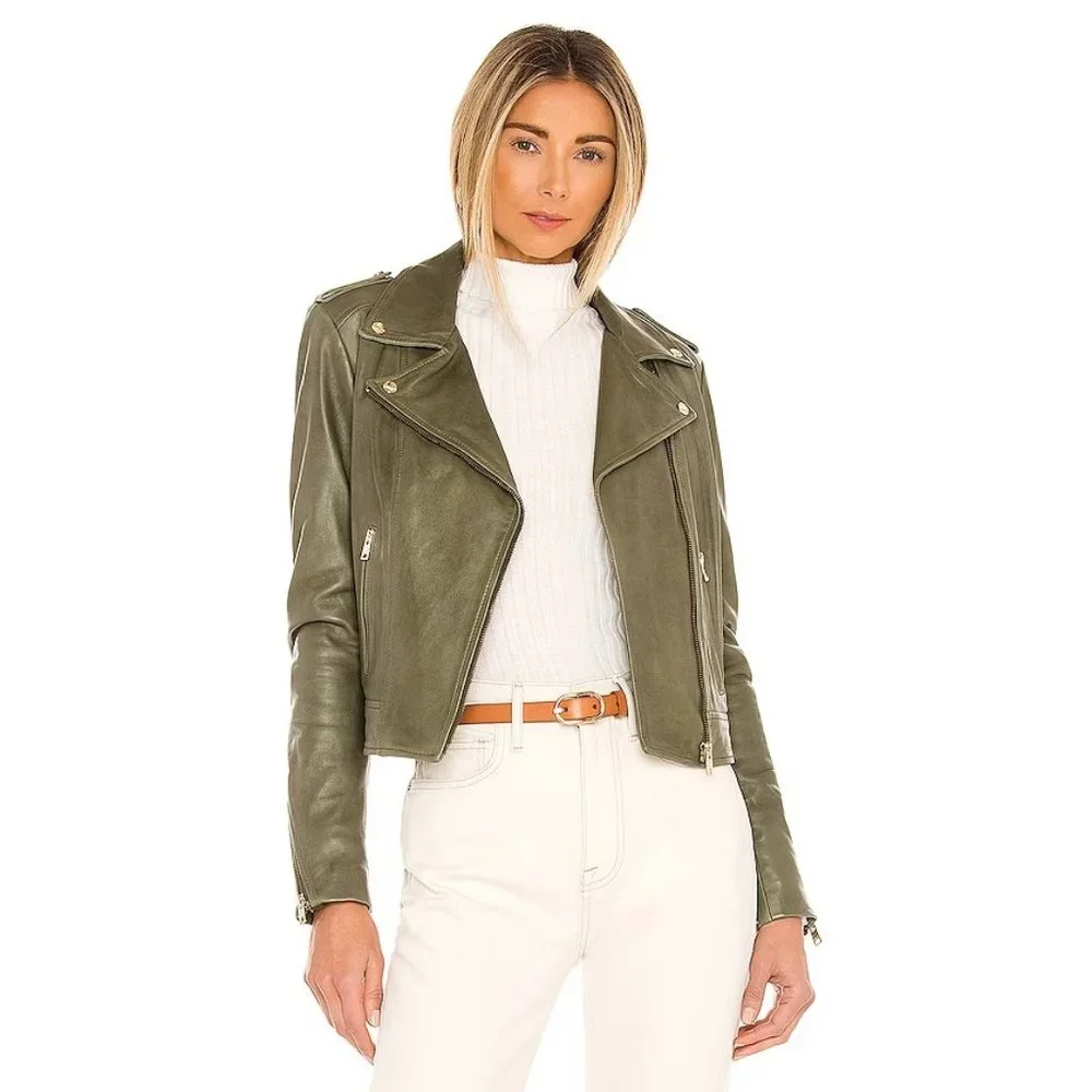 LAMARQUE Donna 21 Jacket In Vetiver Leather Biker Moto Jacket Casual sz S - Picture 1 of 16